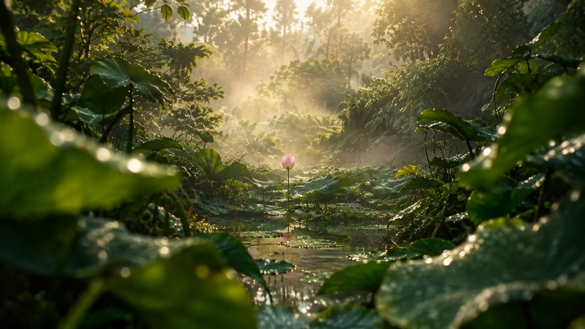 Un lotus dans un étang brumeux, à l'aube.